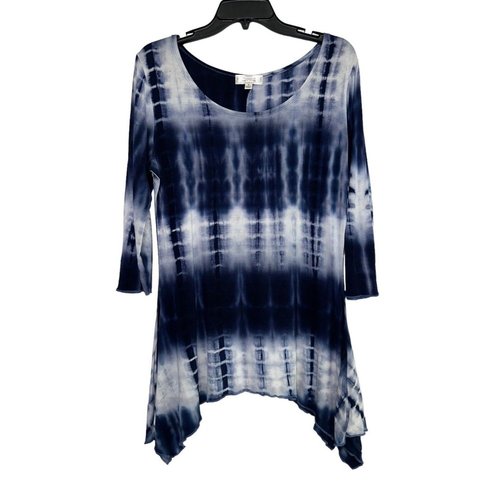 Shannon Ford New York Womens Sz S Blue Tie Dye Tunic 3/4 Sleeve Shark Bite Round
